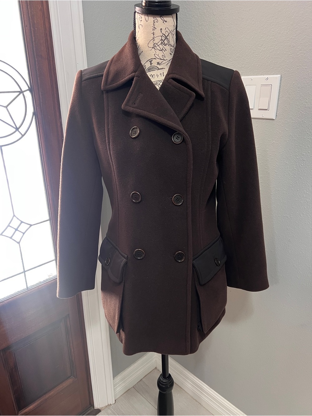 Pablo by Gerard Darel Brown 100% Virgin Wool Double Breasted Pea Coat Belted 38